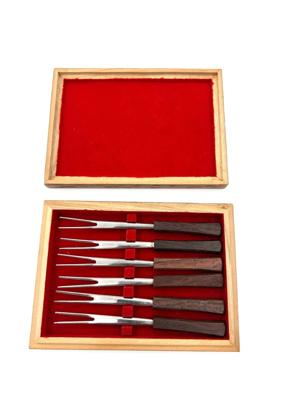Vintage MCM Cocktail Appetizer Fork Set 6 Wood Handle Stainless Japan Wood Box